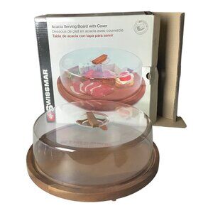 Swissmar Acacia Round Serving Board With Clear Serving‎ Dome Cover